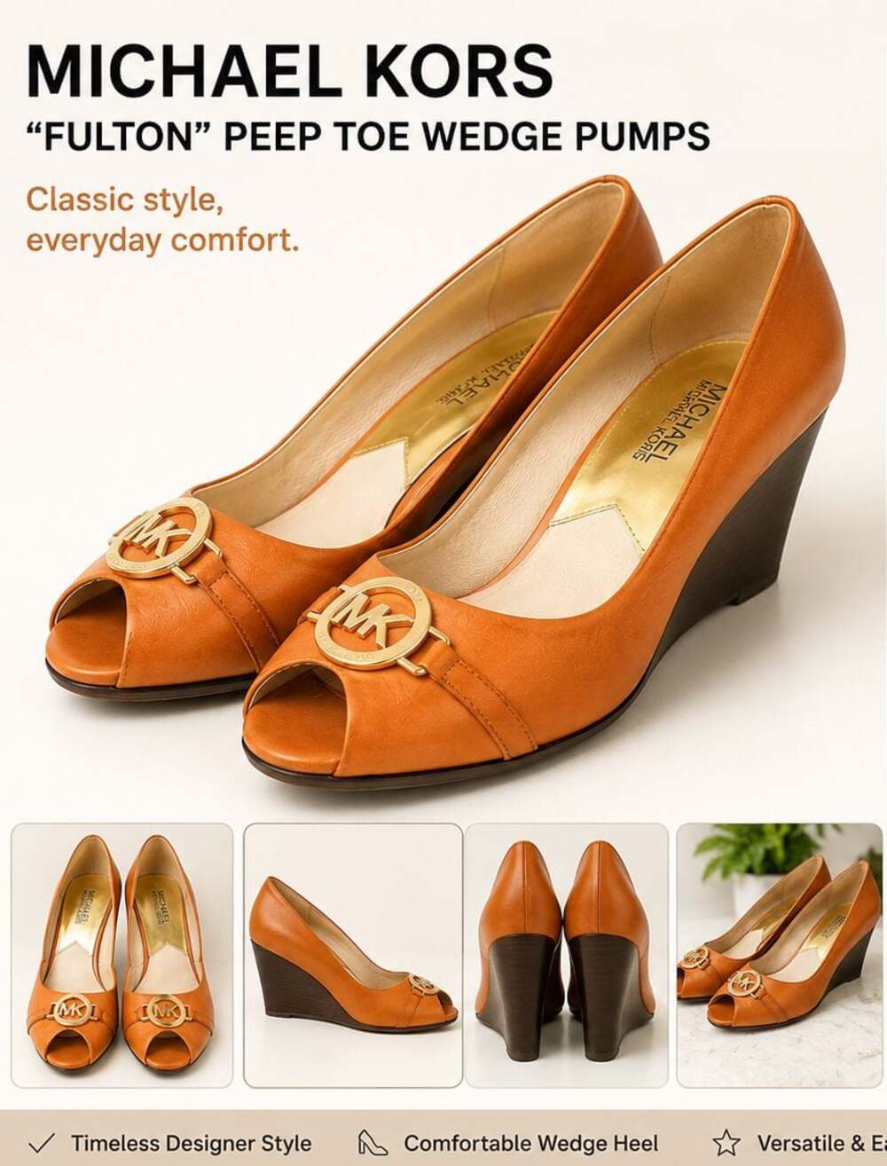 Michael Kors Tan Leather Peep Toe Wedge Heels with Gold MK Logo Accent